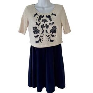 Lilka Cream Navy Blue Short Sleeve Embroidered Cutout Flower Mini Dress Size XS